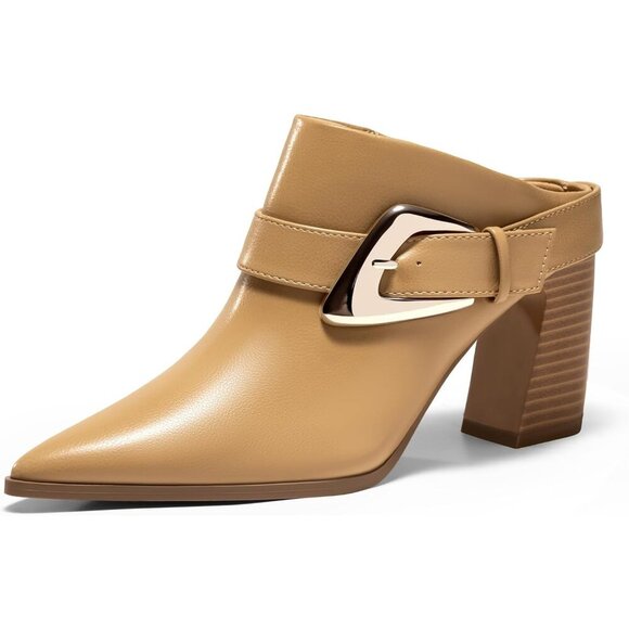 🆕 Women's Khaki Mules Boots Chunky Stacked Heel Pointed Toe Slip-On Buckle - Picture 1 of 6